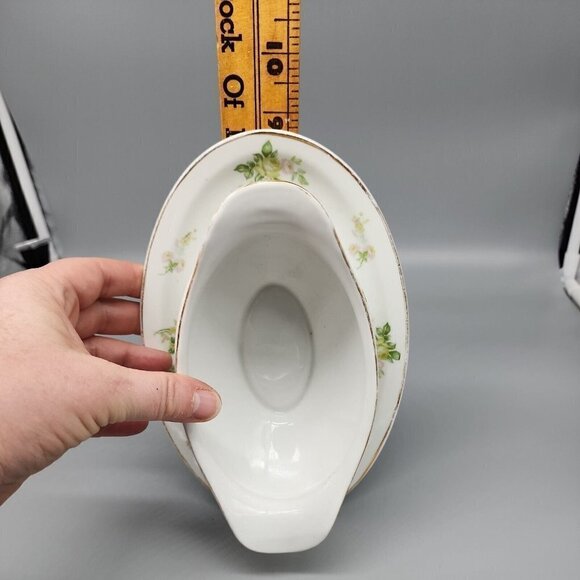 Vintage PAUL MULLER SELB BAVARIA PORCELAIN green ROSES GOLD TRIM GRAVY BOAT - Picture 9 of 9